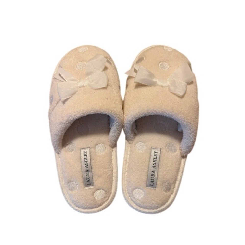 Laura Ashley Women Cream Polka Dot Bow Slide Slippers‎ Small 5-6 NEW